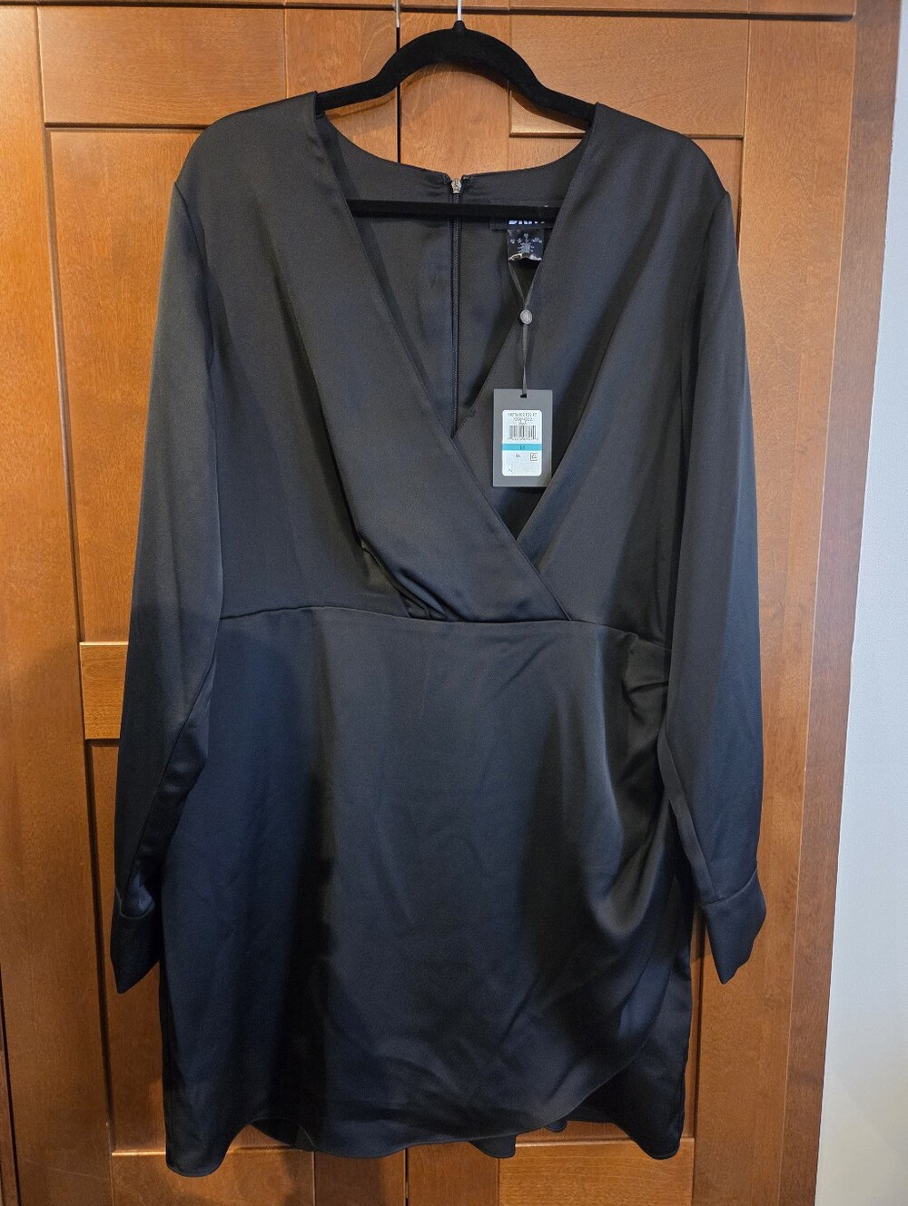 NEW DKNY Black Satin Faux Wrap Tulip Hem Cocktail Dress Size 16 NWT